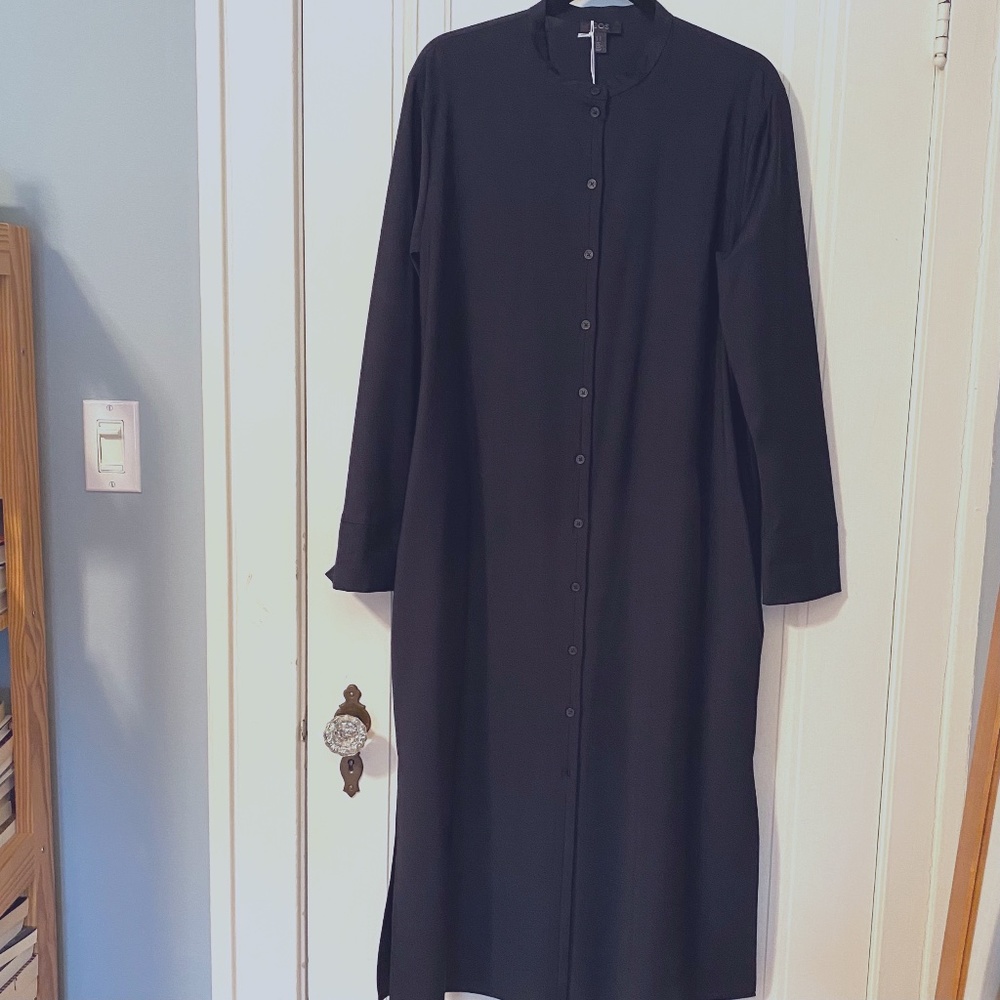 COS Blue and Black Buttoned Maxi Dress with Mandarin Collar